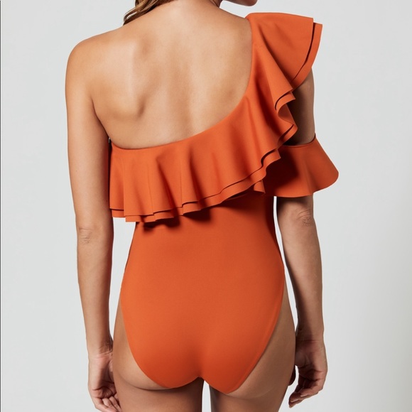 Onia One-Shoulder Ruffle One Piece in Rust - Picture 4 of 5